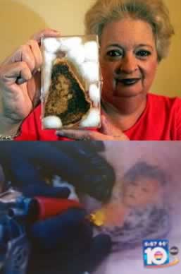 Top: Diana Duyser shows her famous grilled cheese. Bottom: Kat Von D tattooing the miraculous image.